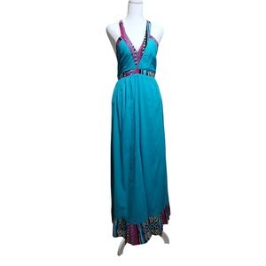 Apollo Womens Turquoise Tribal Ikat Print Halter V-Neck Open Back Maxi Dress M